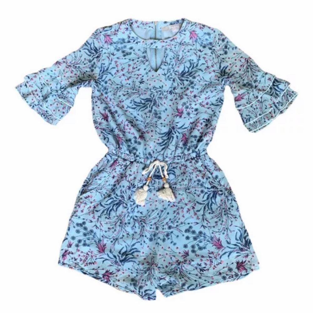 Smukke Girls Blue Romper Floral Boho Shorts 10